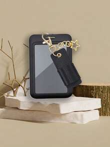 Elegante portacartas negro con clip de cuero y cadena de metal - Detalles con encanto de estrella, protege tus tarjetas escolares y de oficina con estilo, protector de credencial durable con cierre , accesorio portátil para uso diario, oficina, transporte y regalos, tarjetas de comida, control de acceso al transporte público y metro, perfecto para volver al trabajo y la temporada de regalos navideños