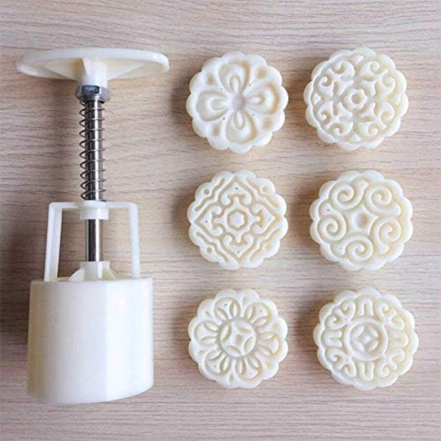 Mooncake Mold With 6 Stamps,Mid-Autumn Festival Hand-Pressure Flower Moon Cake Mould 50g DIY Decoration Mooncake Press Molds - 圓形的 - 查看 1