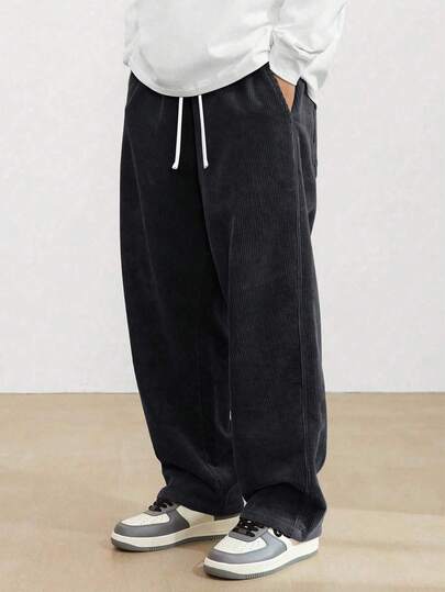 Plus Size Men Corduroy Loose Straight Leg Pants, Solid Color Casual Street Style Trousers For Spring & Autumn, For Winter