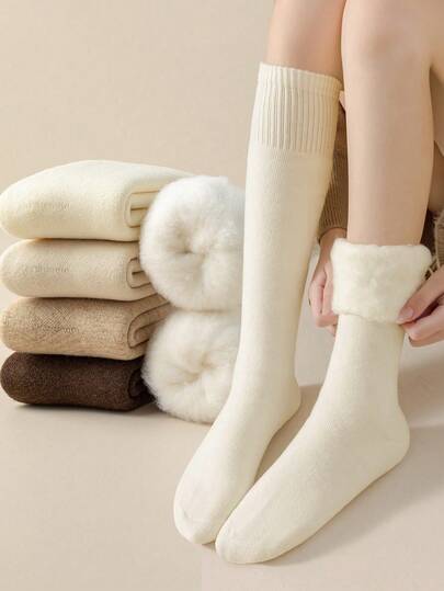 1 Pair Women Over-The-Knee Socks, Multi-Color, Thickened Thermal Lined Warm Wool Blend, Solid Colors, Classic And Fashionable, Suitable For Autumn And Winter, Y2k Christmas Gift