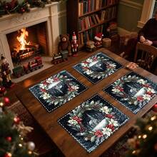 1 buc/4 buc/6 buc/100 buc Covorașe Placemat cu model de scenă bisericească cu fructe de pădure de ilex și poinsettia, Covorașe Placemat dreptunghiulare din poliester, lavabile la mașină, Protecții de masă, Covorașe Placemat termoizolante, Decorațiuni de masă pentru restaurant, Articole pentru petreceri, Decorațiuni de Crăciun, Pot fi oferite cadou