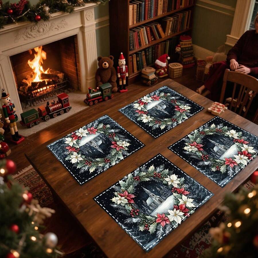 1 buc/4 buc/6 buc/100 buc Covorașe Placemat cu model de scenă bisericească cu fructe de pădure de ilex și poinsettia, Covorașe Placemat dreptunghiulare din poliester, lavabile la mașină, Protecții de masă, Covorașe Placemat termoizolante, Decorațiuni de masă pentru restaurant, Articole pentru petreceri, Decorațiuni de Crăciun, Pot fi oferite cadou