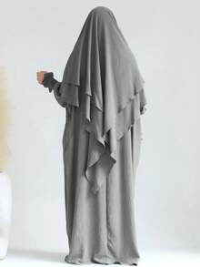 1 Set de Hiyab musulmán de doble capa elegante con buena privacidad, suave y cómodo + Vestido musulmán con diseño de manga elástica, Abaya clásica y versátil (Vestido + Hiyab)