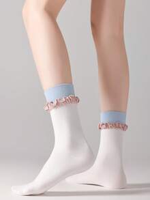 1 par de calcetines de media caña con volantes sin hueso, estilo ballet para mujer, diseño a bloques de color negro y blanco, moda coreana