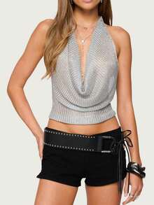 Women Y2K Knit Cowl Neck Backless Top Deep V Neck Tie-Up Open Back Halter Crop Top Party Club Cami Vest Shirt - 銀色 - 查看 1