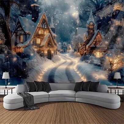 1 pieza Colgante de pared de ciudad nevada de Navidad y Año Nuevo - Paisaje de invierno, fácil de colgar, decoración de poliéster, crea un ambiente festivo en el hogar, decoración navideña, decoración de habitación, decoración navideña para el hogar