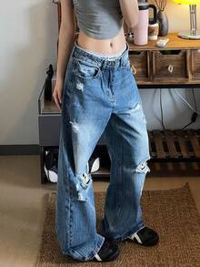 Washed Ripped Jeans For Men, Straight Leg Loose And Wide Leg American High Street Pants, Rugged And Handsome Couple Casual Pants