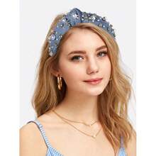Pearl Knotted Headband For Women White Pearl Rhinestone Crystal Jeweled Embellished Hairband Fashion Elegant Ladies Wide Top Knot Bride Boho Head Band Headpieces Bachelorette Party Hair Accessories - 牛仔藍結髮帶 - 查看 6