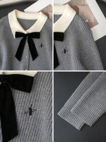秋冬學院風拼色蝴蝶結領長袖刺繡女款開襟針織外套，街頭風 - 深灰色 - 查看 9