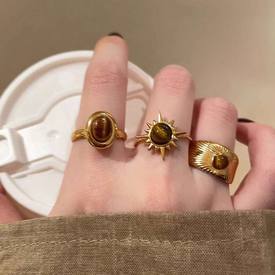 3-Piece Bohemian Style Golden Tiger Eye Stone 3-Piece Set Of Rings, Adjustable Loop Mouth For Easy Wearing, Super Romantic Birthday Gift For Girlfriend/Stylish Anniversary Gift For Daily Commuting Shirt Look Neat/Party Party Party Wear Sequin Skirt Super Outfit - Vàng - Xem 1