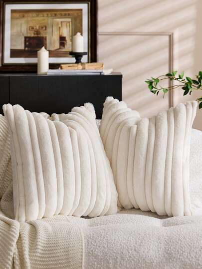 1pc Beige Textured Thick & Thin Stripe Rabbit Fur Decorative Throw Pillow Cover, Front Jacquard Rabbit Fur, Reverse Holland Velvet Fabric, Square Cushion Cover, Holiday Home Decor Pillow Case, Soft Velvet Material, Modern Decor For Sofa, Home & Bedroom