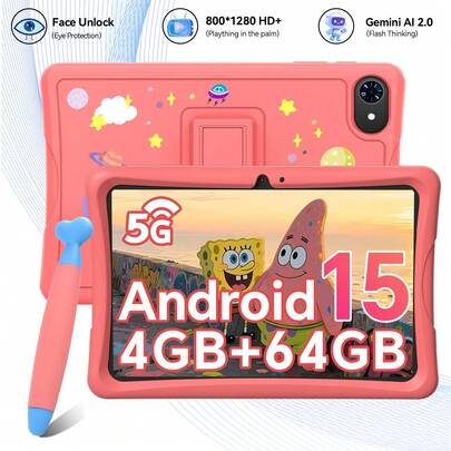 TABWEE 10.1英寸儿童平板电脑，Android 15 K10平板电脑，学习教育平板电脑，高清+ IPS 1280*800分辨率，四核处理器，12GB (4+8) 内存，64GB 存储空间，可扩展至1TB TF卡，5000mAh电池，双扬声器，WiFi（不含适配器）