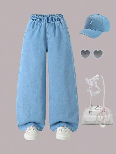Tween Mädchen Loose Fit Schlaghose Jeans, lässige hellblaue Denim Hose, Herbst