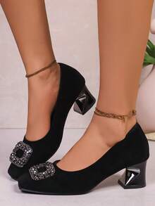 2025 New Spring/Autumn Women's Mid-Heel Pumps, Rhinestone Buckle French Square Toe Thick Heel Shoes - Black - View 4