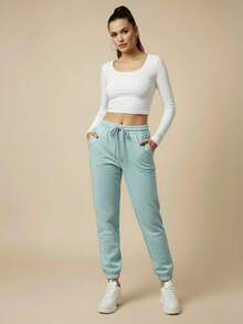 Women's Plush Jogger Sweatpants With Drawstring And Pocket | Winter Pants, Cold Weather Clothing, Comfortable, Warm, Casual, Thermal - 冰綠色 - 查看 2
