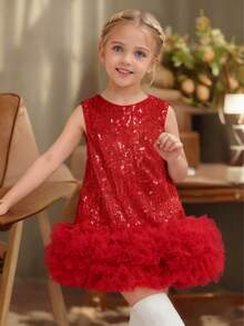 Young Girl Contrast Sequin Mesh Hem Party Dress - Red - View 3