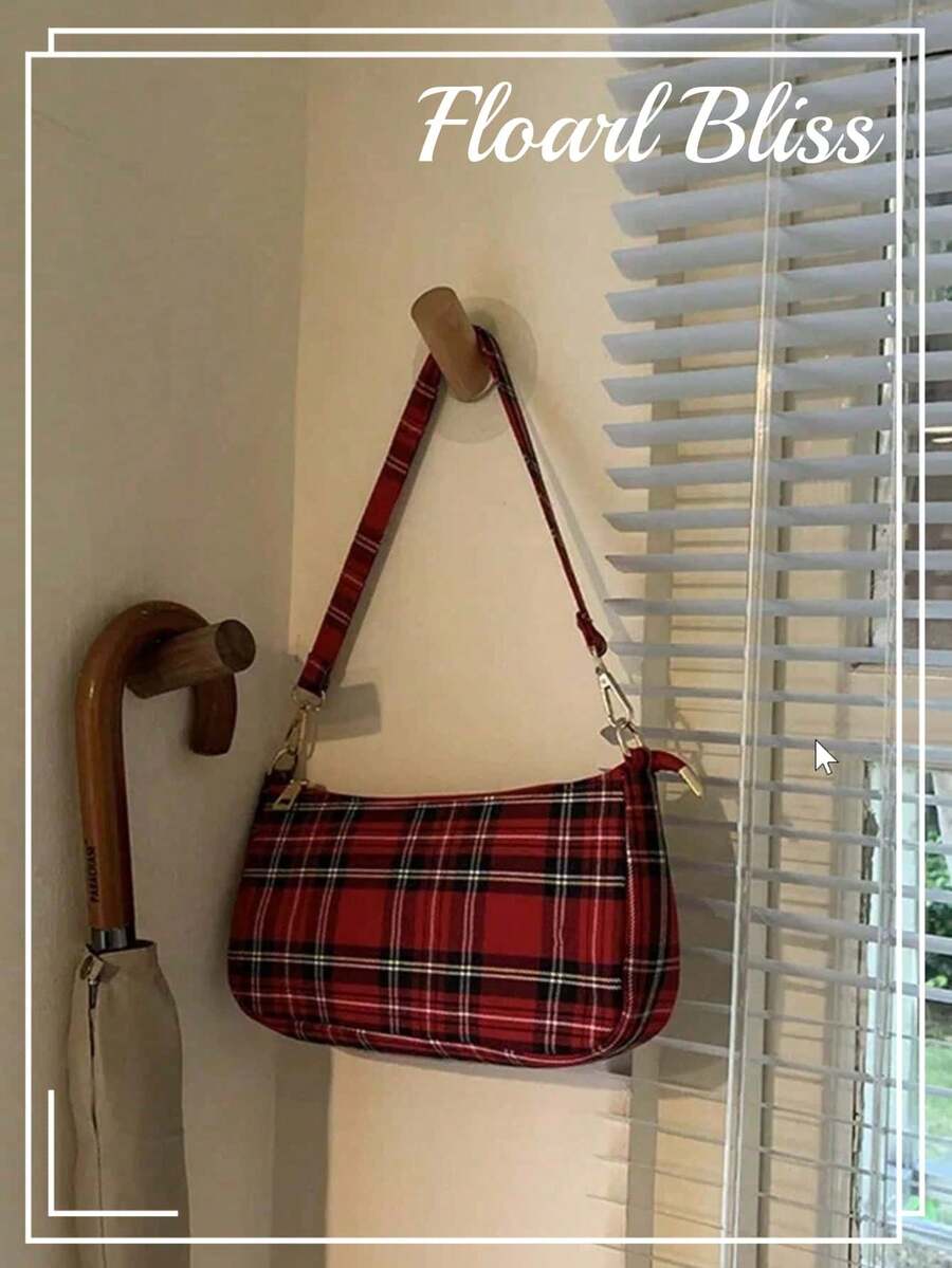 Women's Canvas Shoulder Bag, Korean Style New Arrival, Checkered Baguette Underarm Bag, Retro Crossbody Bag - Red - View 1