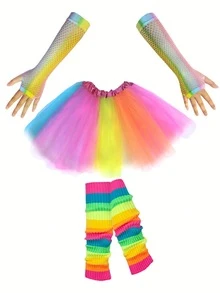 D EXCEED 3件套80年代女士霓虹时尚配饰套装 – 渔网手套、裙子、腿套 – 适用于音乐会、舞台表演、舞会聚会、80年代主题角色扮演 - 彩色 - 查看 16