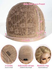 QVR QUEEN VIRGIN REMY 150% 密度波浪卷发波波头假发，真人发丝，宽松深蕾丝前额波波头假发，侧分，预先拔毛 - 金色 - 查看 6