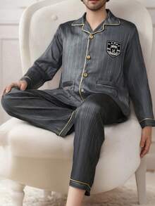 COTOLO Pijama de hombre pijamas para hombre pijama hombre pijama conjunto de pijamas para hombre de color azul marino con detalles de ribete dorado, corte regular, estilo sencillo, para uso en el hogar - Verde - Ver 6