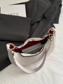 1个PU纯色拉链新月形腋下包，时尚复古单肩包，适合办公室女士，用途广泛 - 白色 - 查看 9