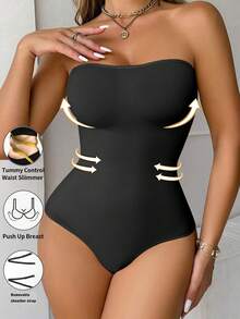 Feelingirl Summer Strapless Shapewear Bodysuit Tummy Control Seamless Thong Tube Top - màu đen - Xem 1