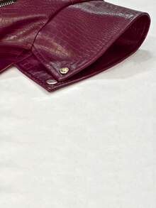 Women's Fashion Faux Fur Crocodile Print Jacket, Collar Design, Waist Belt Detail, Zipper Closure - Burgundy - View 4