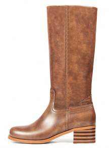 Wide Calf Dark Brown Knee High Campus Boots For Women, Square Toe Chunky Block Low Heel Vintage Long Boots For Holiday - 深棕色 - 查看 4