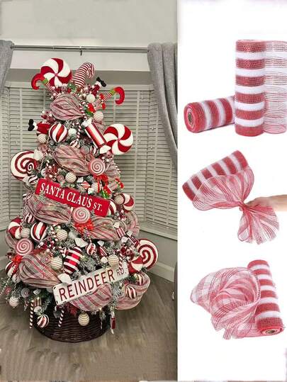 1卷26厘米*9米PP塑料网状圣诞树装饰丝带，家居圣诞节装饰纱布，DIY圣诞树装饰，礼品包装丝带，圣诞糖果色红白条纹纱布卷，家居装饰圣诞装饰品，房间装饰，冬季