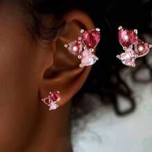 Allergy Free Sweet Exquisite Golden Red & Pink Heart Rhinestones Earrings, Autumn & Winter Daily Stacked Party Accessories, Valentine's Day & Christmas Gifts For Lovers, Claim My Daily Gift, Local Warehouse, - 1件 - 查看 2