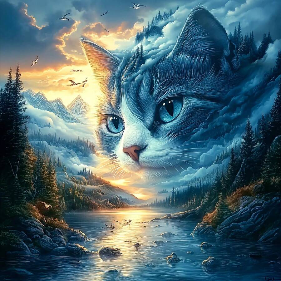 5D钻石画套装，猫咪图案风景画，成人手工DIY亚克力钻石画，人造圆形和方形水晶钻石马赛克墙饰，家居装饰，客厅 - 彩色 - 查看 1