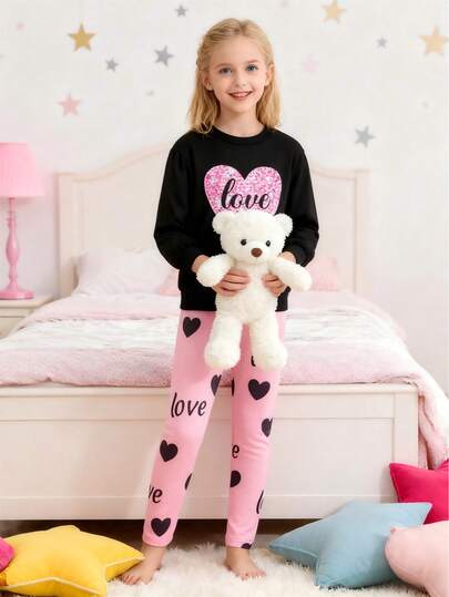 Girls Heart Pattern Long Sleeve Top + Heart English Print Leggings 2-Piece Set, Casual Outfit For Spring & Autumn