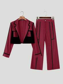 INCERUN Fashion Men's Long Sleve Colorblock Blazer Coat Cropped Jacket Wide-Leg Pants Trousers Party Set Two-Piece Outfit - rượu vang đỏ - Xem 4