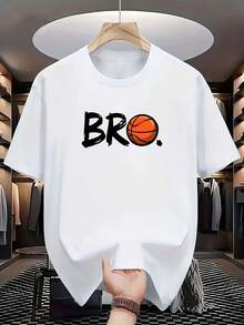 Men's Casual Short Sleeve T-Shirt - Retro Basketball Graphic Print With BRO Text & Orange Ball Design, White Round Neck Summer Tee, Machine Washable Regular Fit For Sports & Casual Attire, Durable Casualwear, Streetwear Fashion, Lightweight Material, Print Shirt, Street Style - 黑色 - 查看 1