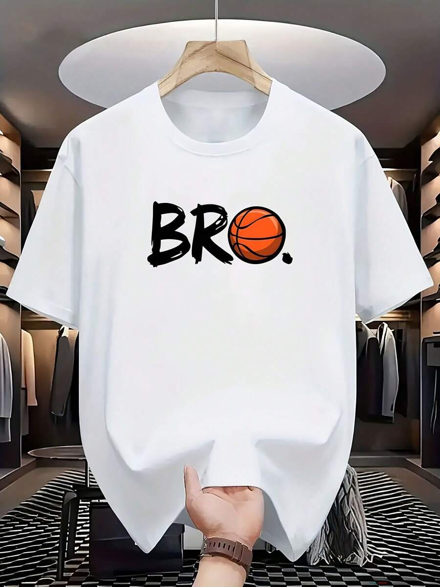 Men's Casual Short Sleeve T-Shirt - Retro Basketball Graphic Print With BRO Text & Orange Ball Design, White Round Neck Summer Tee, Machine Washable Regular Fit For Sports & Casual Attire, Durable Casualwear, Streetwear Fashion, Lightweight Material, Print Shirt, Street Style - 黑色 - 查看 1