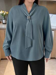 大码女式优雅通勤优雅仿领 V 领金属装饰修身长袖衬衫，秋季大码女式衬衫 - 藍色 - 查看 5