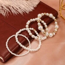4Pcs Pearl Heart Bracelet Set Dainty Fixed Fit Charm Boho Elegant Jewelry Gift For Women Mom Daughter Valentines Day
