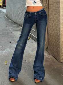 Women's Stretch Blue Low-Rise Flared Jeans, Y2K Fashion Vintage Casual, 2026 Spring And Summer, New Year And Valentine. - Dark - View 6