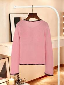 Women's Contrast Trim Round-Neck Long-Sleeved Button-Up Cardigan, Popular In Autumn And Winter, Casual Streetwear, Fall, Out-Going, Christmas, Thanksgiving