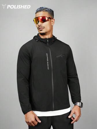 Pojkvänsmodell herr sportjacka med dragkedja och huva, träningstoppar, casual, enfärgad långärmad jacka, joggingjacka, svart sportjacka, löparjacka, träningstoppar, höst, andningsbar