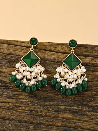 Bohemian Style Colorful Earrings Square Crystal Design Tassel Charming Eardrop With Faux Pearl & Handmade Beads Pendants Jewelry Suitable For Women's Daily, Festival,Wedding, Party Wear