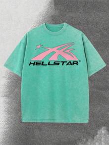 Worn-Out Washed Men's Short-Sleeved Shirt, Featuring A Pink Meteor Flame Human Face Silhouette Pattern In Letters On A Double-Sided Print, Retro Casual Loose Men's T-Shirt, Comfortable And Versatile Men's Clothing - 綠寶石 - 查看 2