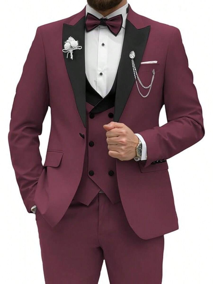 2026 Men's Casual Blazer & Pant Set  Men's Tuxedo Suit 3 Piece Slim Fit Suit For Men Tuxedo For Men Wedding Party Dinner Prom Relaxed Stretch Fit For Smart Casual Events - Màu Đỏ Sâu - Xem 1