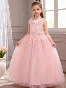 Elegant Pink Flower Girl Dress With Pearl Embroidery & Bow, Wedding, Princess Dress, Prom Dress, Party, Birthday, Summer Wedding, Graduation, Christmas - Pink - View 6