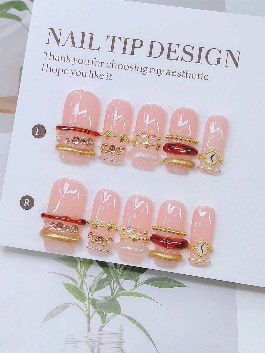 10 件 Y2K Nails 管状按压指甲套装 - 手工制作,粉色指甲,手工 3D 金戒指、银戒指和金表设计,闪亮金色贝壳、金色星星和水钻装饰 - 适合女士和女孩,派对、婚礼、日常佩戴、DIY 美甲,美甲套装,包含工具包。哥特式指甲。方形指甲。手工亚克力方形按压指甲。假指甲。美甲用品 - 彩色 - 查看 1