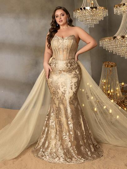 Faeriesty Robe de soirée sirène à fleurs brodées de luxe sans bretelles avec superposition de tulle | Design élégant pour mariée et événements formels | Parfait pour les mariages, les galas, les bals de promo et les tapis rouges