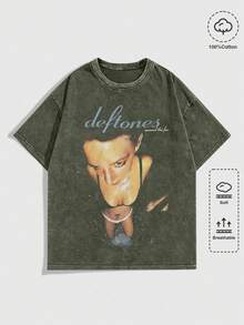 EWH MEN Street Life "D Eftones" Band "Around The Fur" Graphic Print Vintage Washed Short Sleeve Crew Neck Men's T-Shirt,Cheap Clothes,T Shirt Men DG004 - 軍綠色 - 查看 1