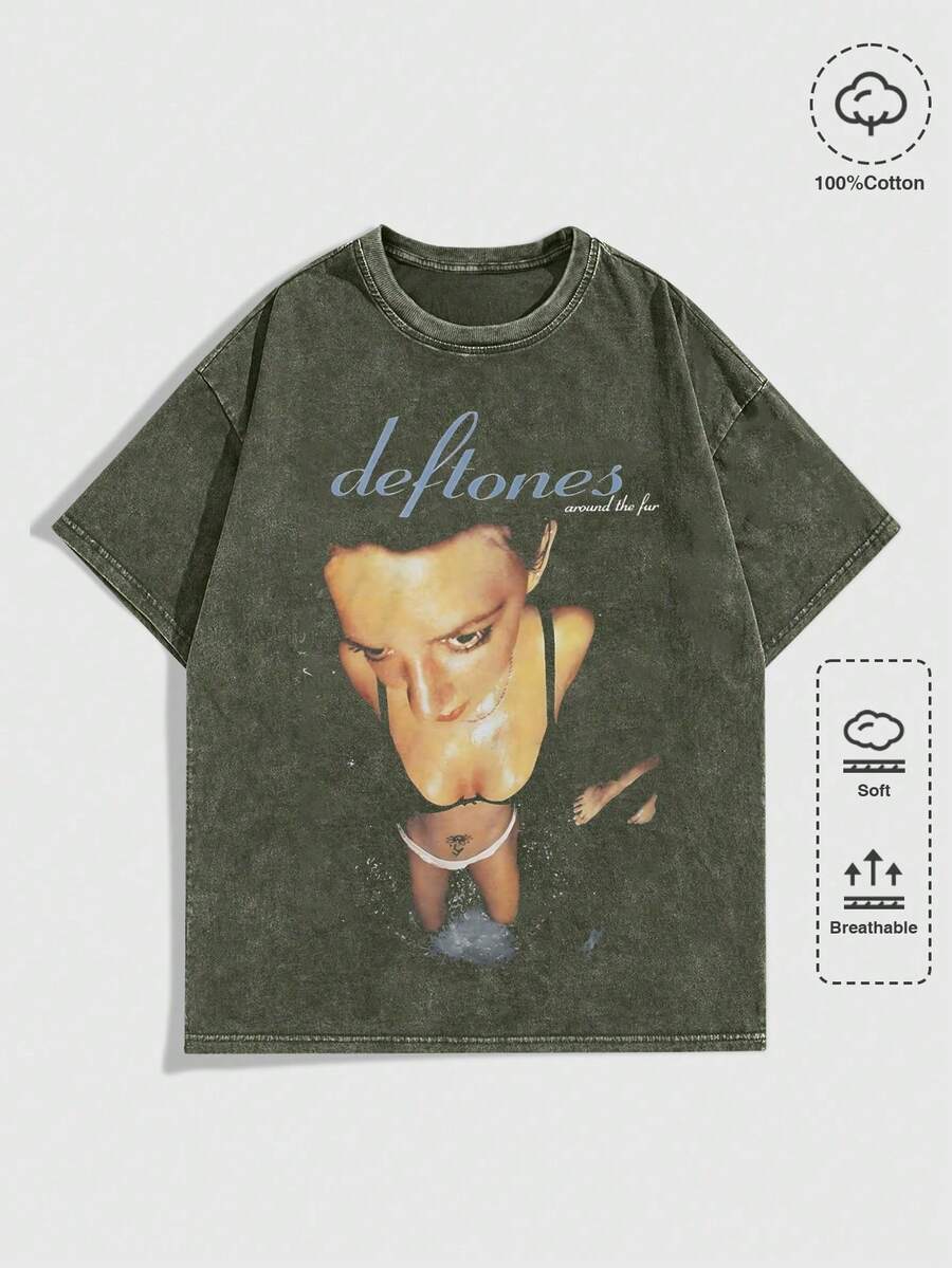 EWH MEN Street Life "D Eftones" Band "Around The Fur" Graphic Print Vintage Washed Short Sleeve Crew Neck Men's T-Shirt,Cheap Clothes,T Shirt Men DG004 - 軍綠色 - 查看 1
