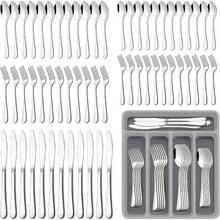 60+1Cubiertos de Acero Inoxidable Juego de Cubiertos de Acero Inoxidable para 12 Personas Porta Cubiertos De Cocina Con Cuchillos para Carne, Cucharas, Apto para Lavaplatos, para Hogar, Restaurante - Pago - Ver 2