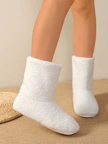 Botas de Cano Médio Forradas Termicamente em Tecido Boêmio de Cor Sólida para Uso Doméstico, Outono/Inverno